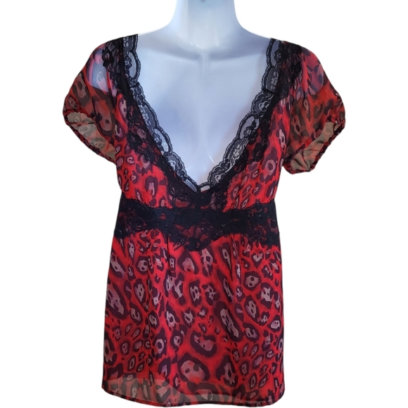 EUC Boston Proper Women's Size 12 V-Neck Red Lace Leopard Print Tunic - Picture 5 of 7